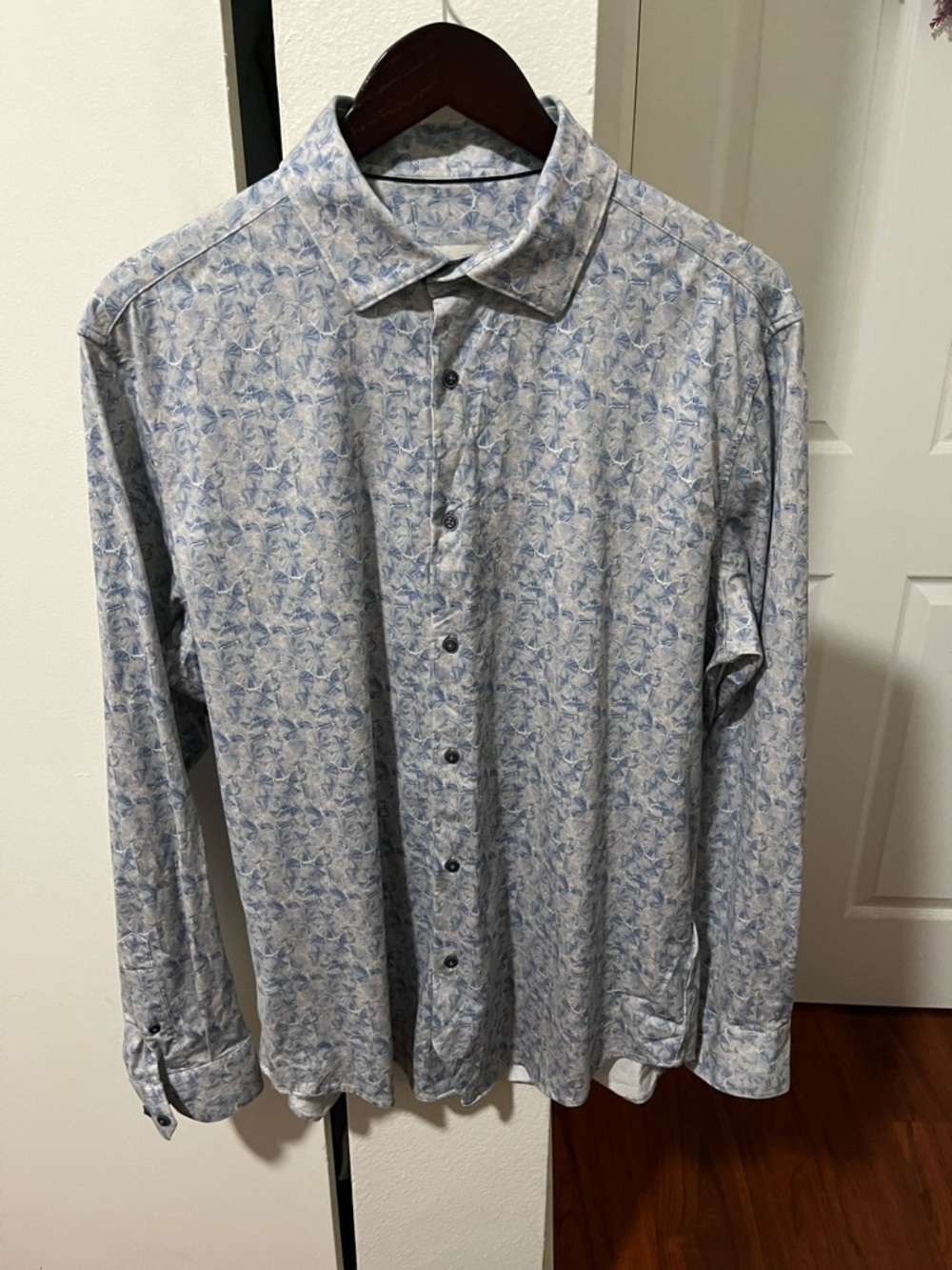 Bugatchi 8 way stretch Blue and White Floral Button-Down Shirt